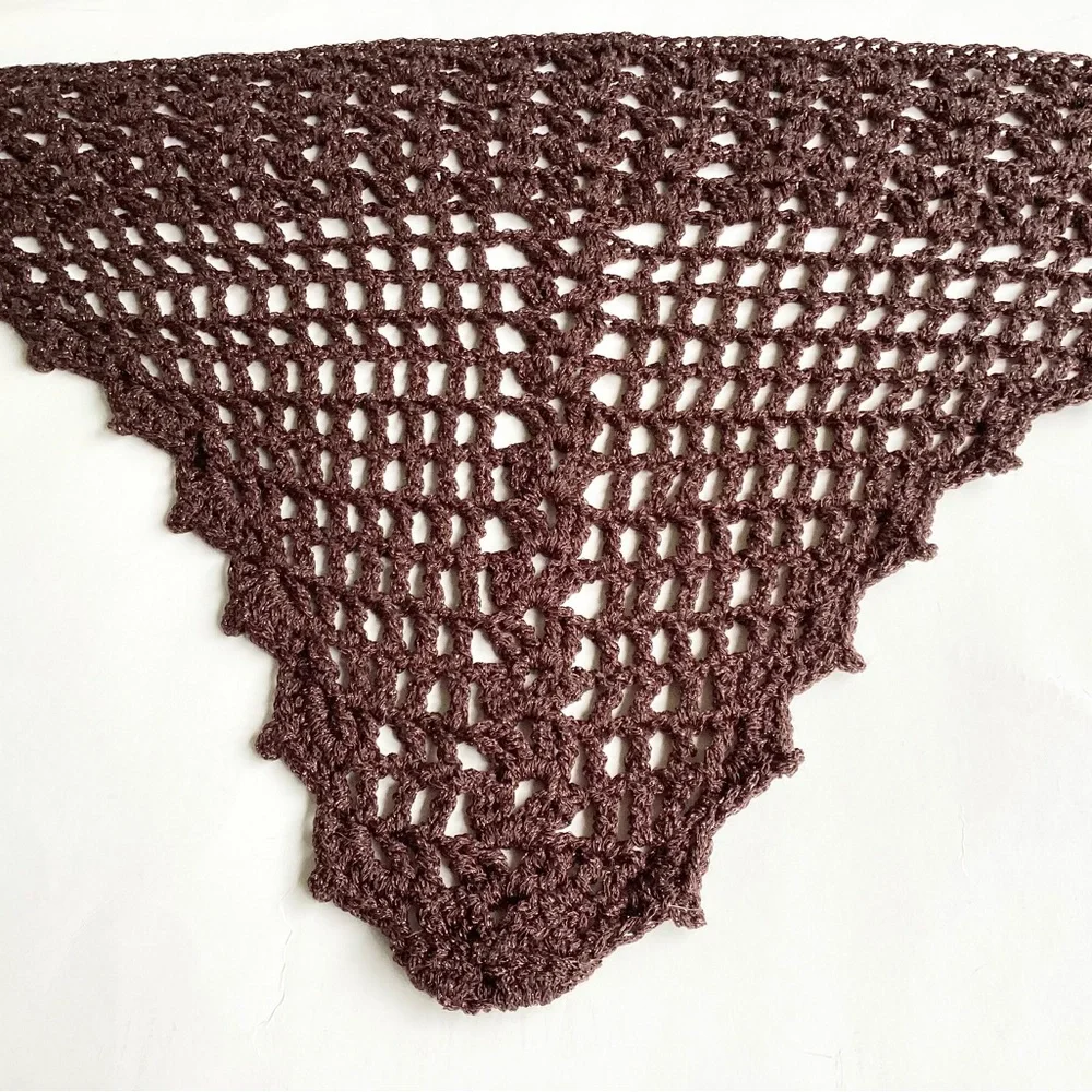 Scarf Triangle Cowl Shawl Hand Crafted Brown Gold Glitter Crochet Overlay